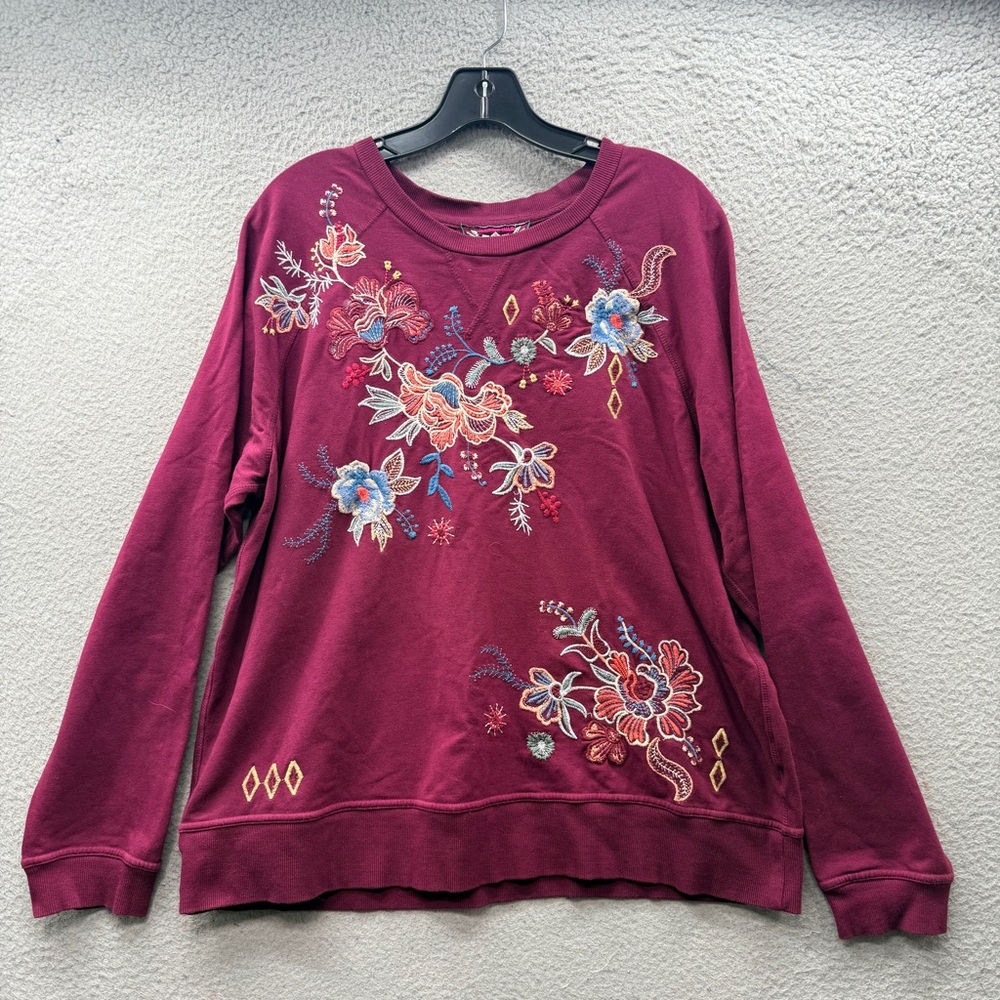 Johnny Was Denali Raglan Sweatshirt Pullover Sweater Embroidered Burgundy Size M